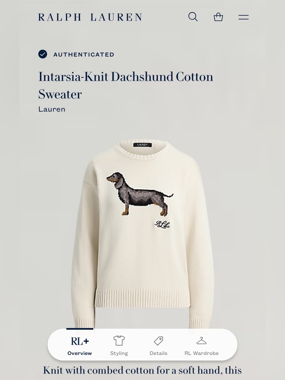 Lauren Ralph Lauren Intarsia Knit Dachshund Dog Cotton Sweater Size S Cream - Picture 12 of 12